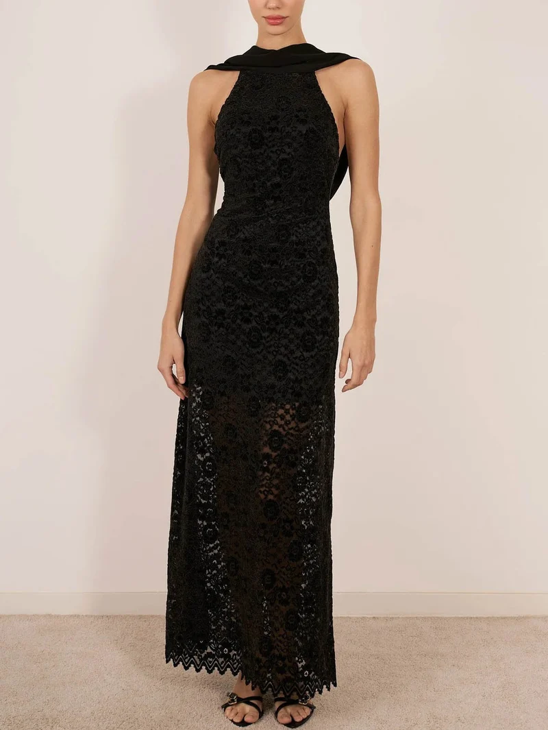 Elegant Backless Sleeveless Lace Bodycon Maxi Dress