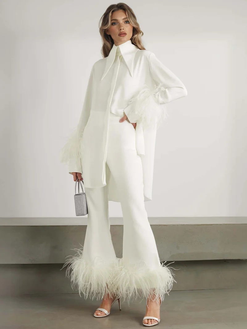 Elegant Satin Feather-trimmed Shirt Two-piece Set