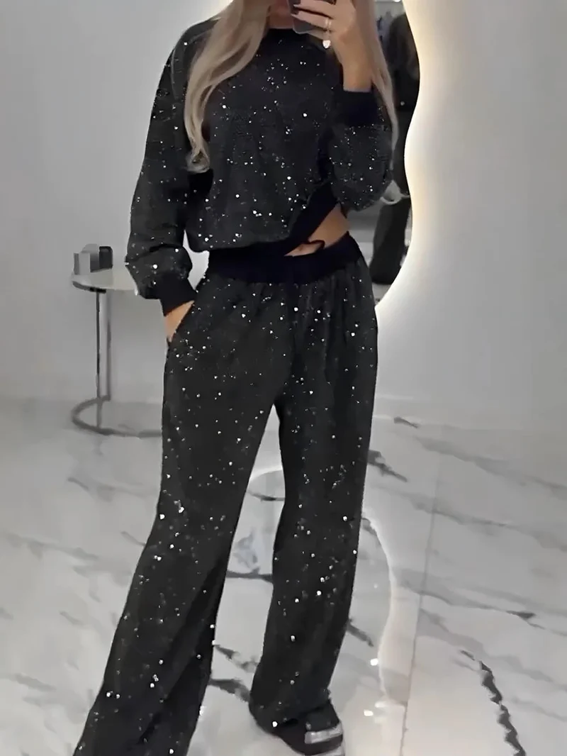 Fashion Sequin Starry Round Neck Loose Top And Drawstring Wide-Leg Pants Set