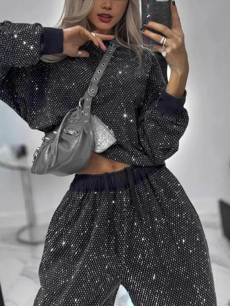Fashion Sequin Starry Round Neck Loose Top And Drawstring Wide-Leg Pants Set