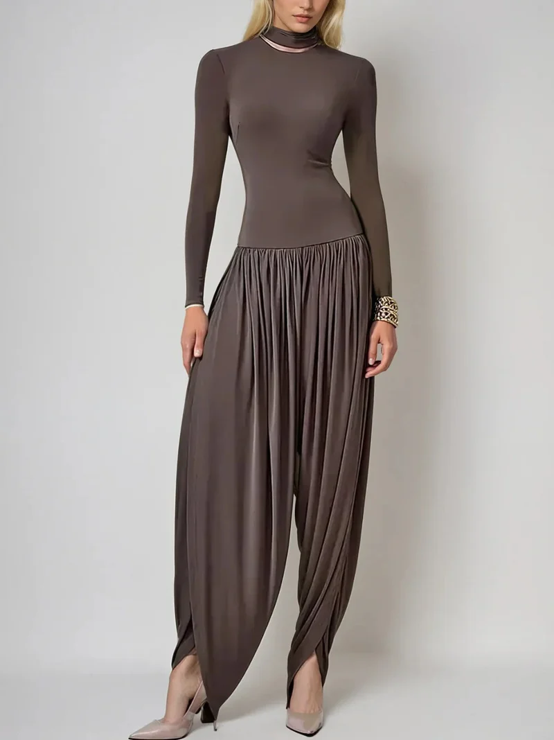 Fashionable Draped High-neck Jumpsuit