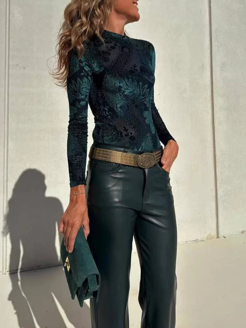 Casual Draped High-Rise Straight-Leg Leather Pants