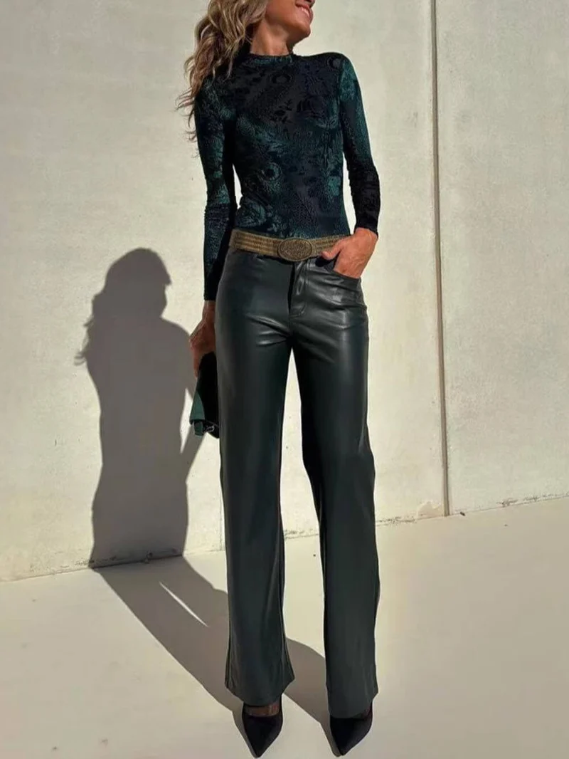 Casual Draped High-Rise Straight-Leg Leather Pants