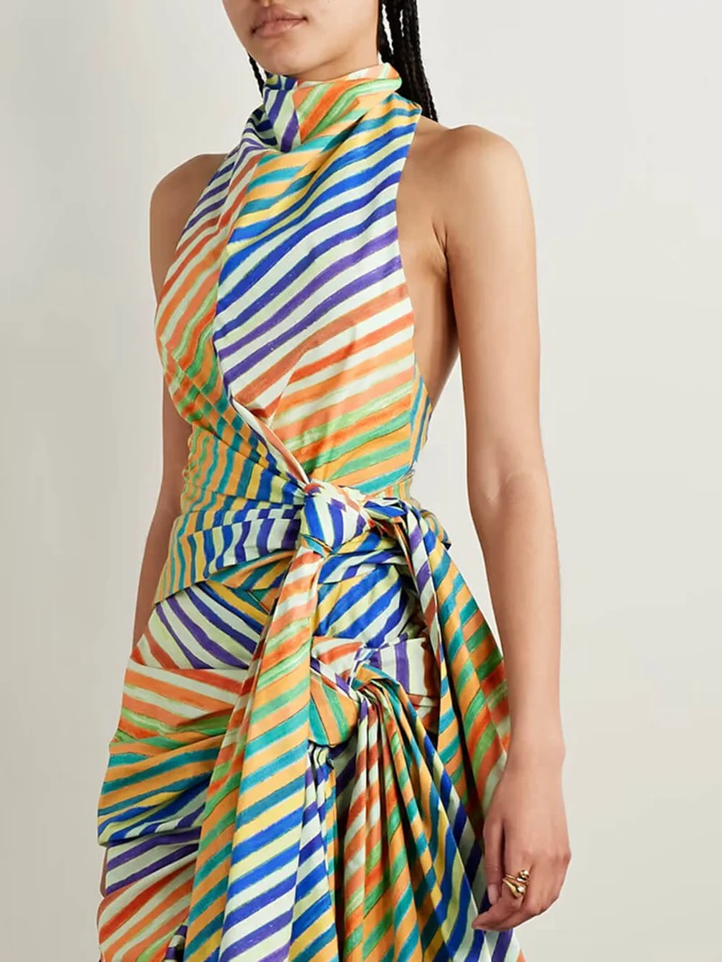 Unique Striped Print Crayon Knot Halter Top