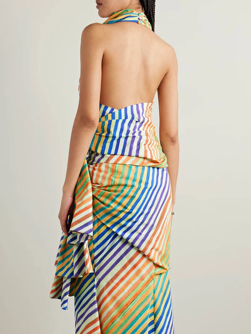Unique Striped Print Crayon Knot Halter Top