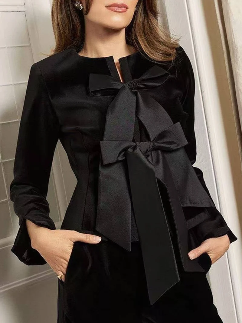 Elegant Bow-Tie Long-Sleeve French Blouse
