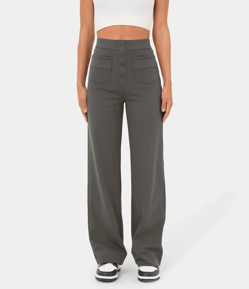Pantalon Droit Taille Haute à Boutons