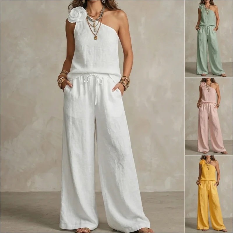 Sexy Urban-Style Loose-Fit Sleeveless Ensemble Chic "Coton-Lin" – Haut Épaules Dénudées et Pantalon Large