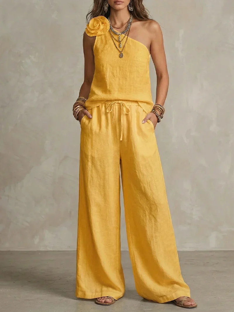 Sexy Urban-Style Loose-Fit Sleeveless Ensemble Chic "Coton-Lin" – Haut Épaules Dénudées et Pantalon Large
