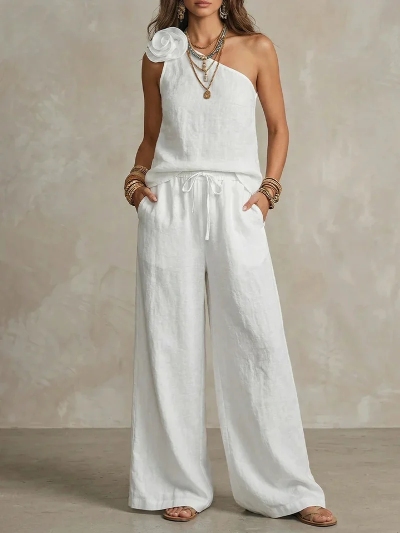 Sexy Urban-Style Loose-Fit Sleeveless Ensemble Chic "Coton-Lin" – Haut Épaules Dénudées et Pantalon Large