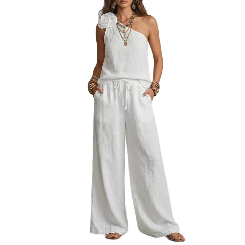 Sexy Urban-Style Loose-Fit Sleeveless Ensemble Chic "Coton-Lin" – Haut Épaules Dénudées et Pantalon Large