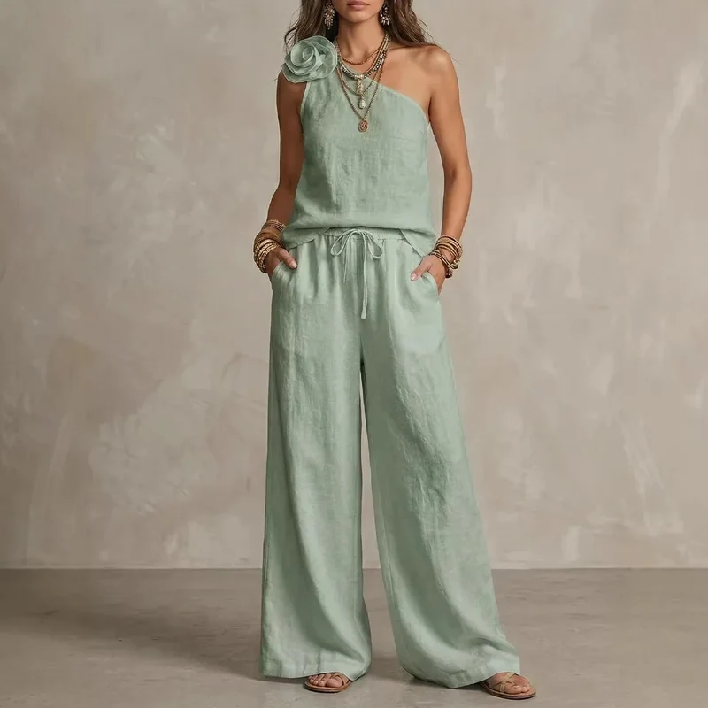 Sexy Urban-Style Loose-Fit Sleeveless Ensemble Chic "Coton-Lin" – Haut Épaules Dénudées et Pantalon Large