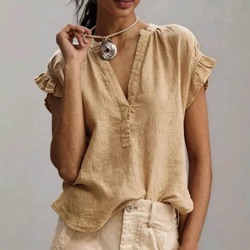 Blouse Décontractée en Coton et Lin – Col en V et Manches Volantées