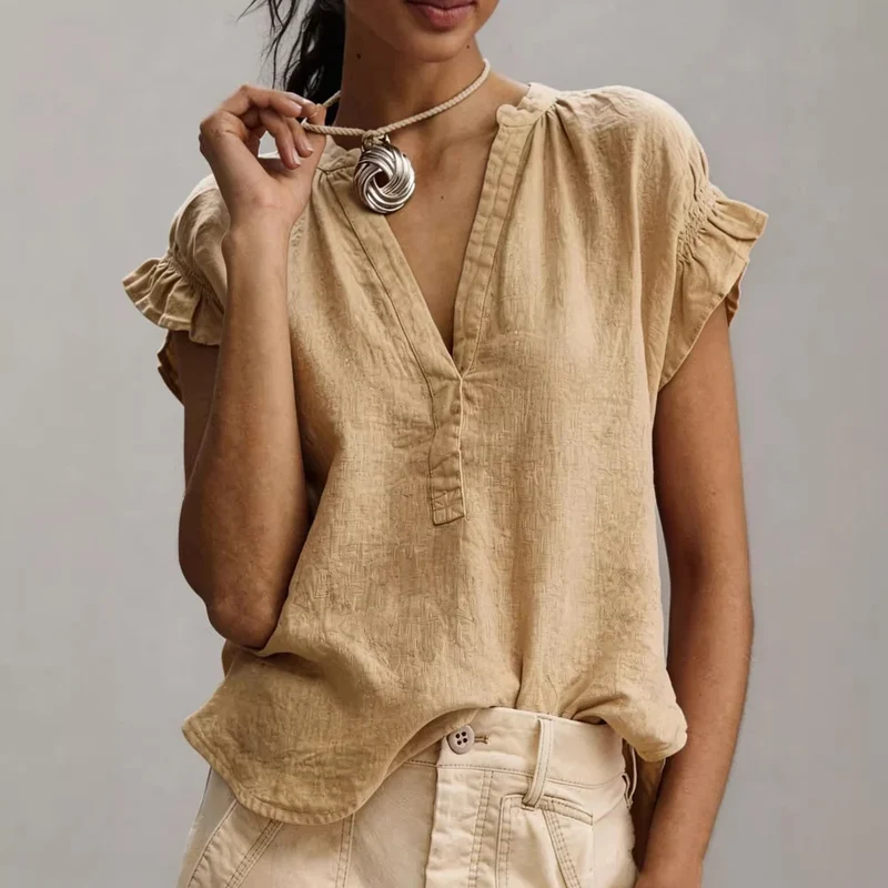 Blouse Décontractée en Coton et Lin – Col en V et Manches Volantées
