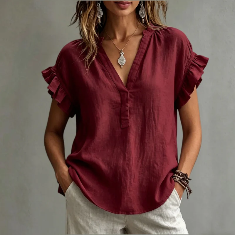 Blouse Décontractée en Coton et Lin – Col en V et Manches Volantées