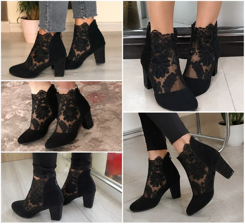 Bottines à Talons Épais et Dentelle