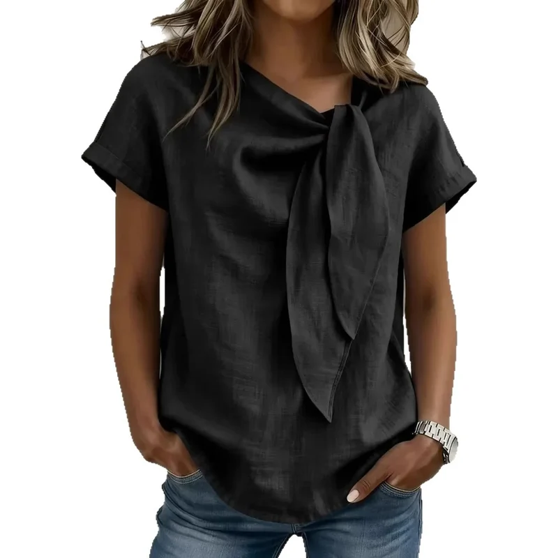 Chemisier Décontracté à Col Noué – T-shirt Élégant Manches Courtes