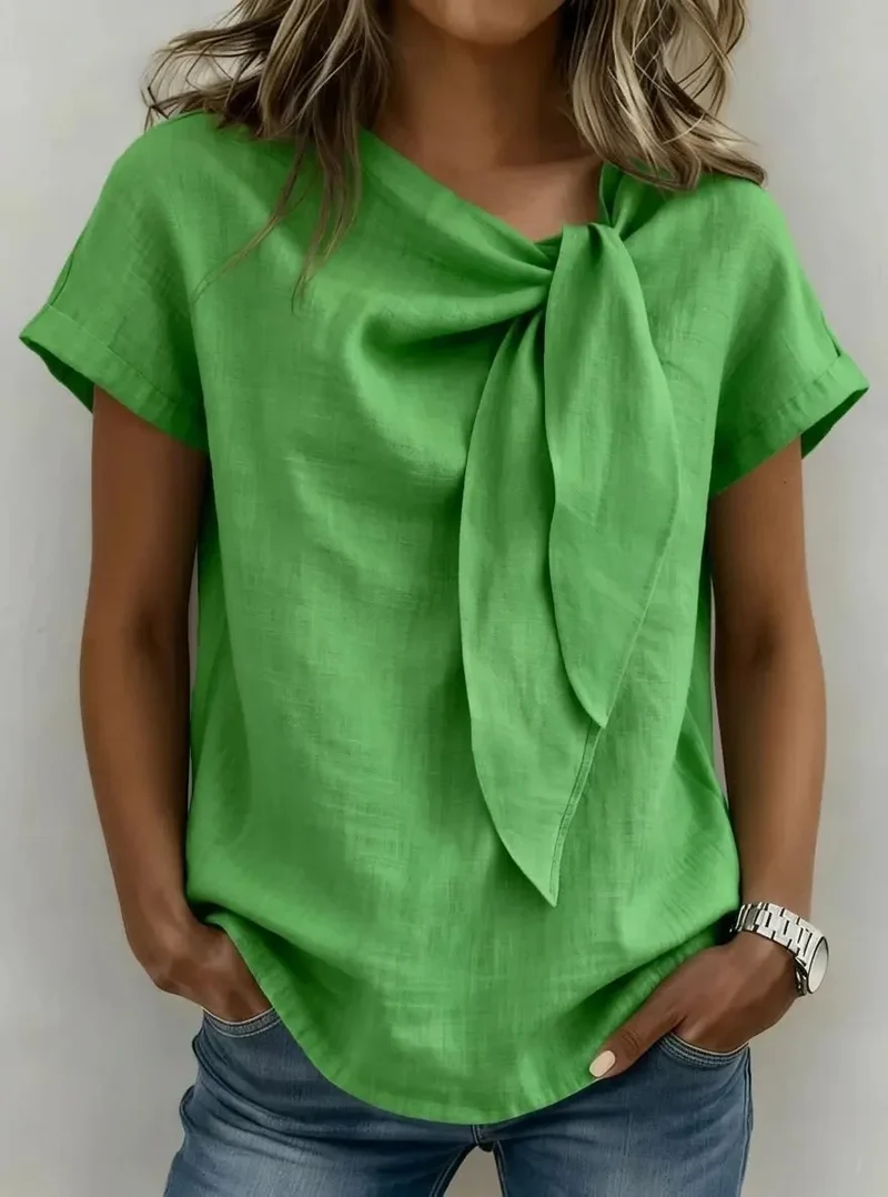 Chemisier Décontracté à Col Noué – T-shirt Élégant Manches Courtes