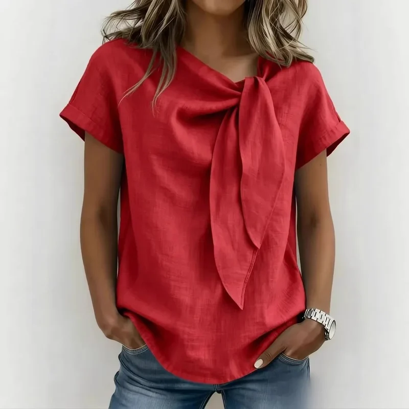 Chemisier Décontracté à Col Noué – T-shirt Élégant Manches Courtes
