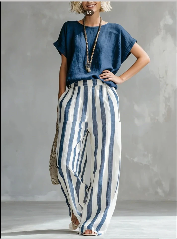 Ensemble d'Été "Estival" – Blouse Fluide et Pantalon Rayé Chic