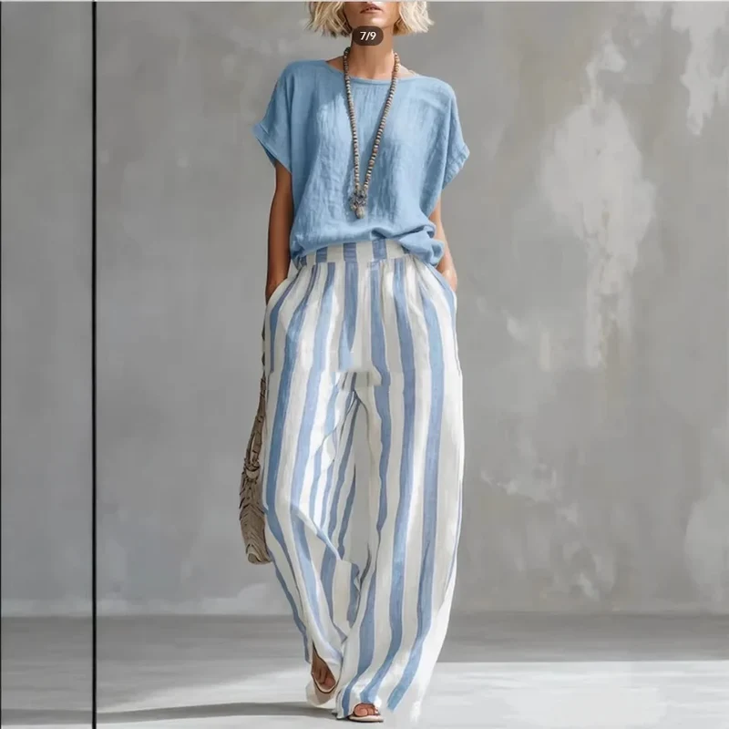 Ensemble d'Été "Estival" – Blouse Fluide et Pantalon Rayé Chic