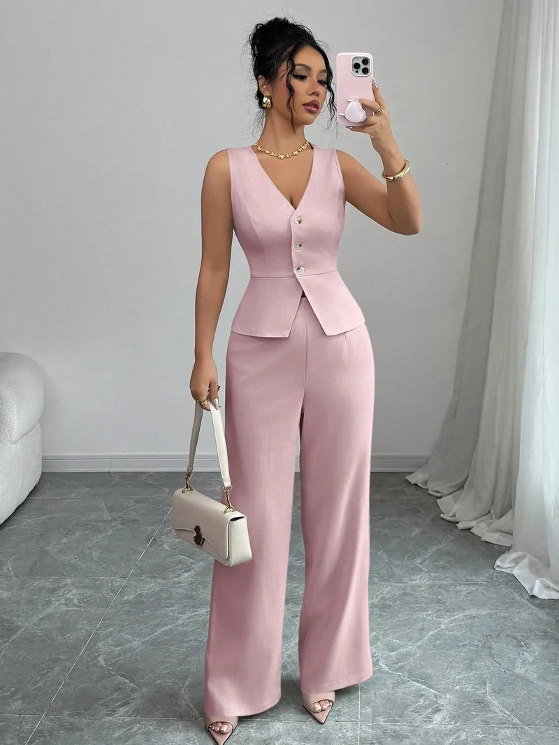 Ensemble Estival Chic – Veste Sans Manches et Pantalon Taille Haute