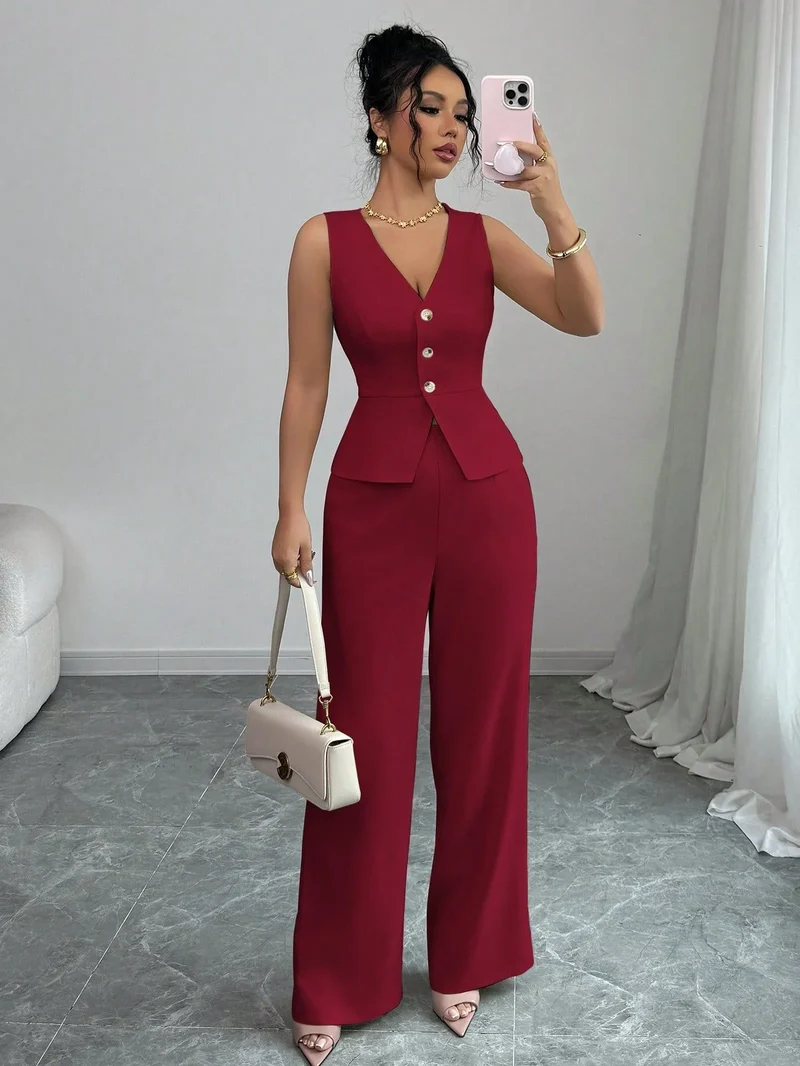Ensemble Estival Chic – Veste Sans Manches et Pantalon Taille Haute