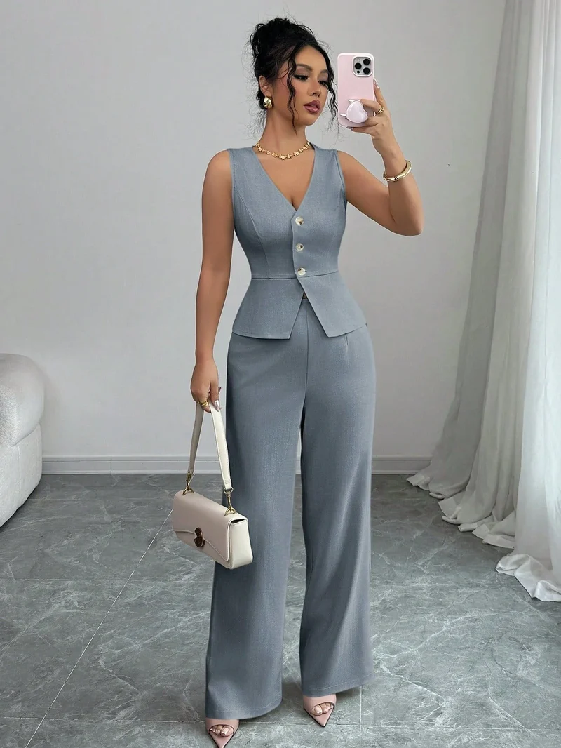 Ensemble Estival Chic – Veste Sans Manches et Pantalon Taille Haute