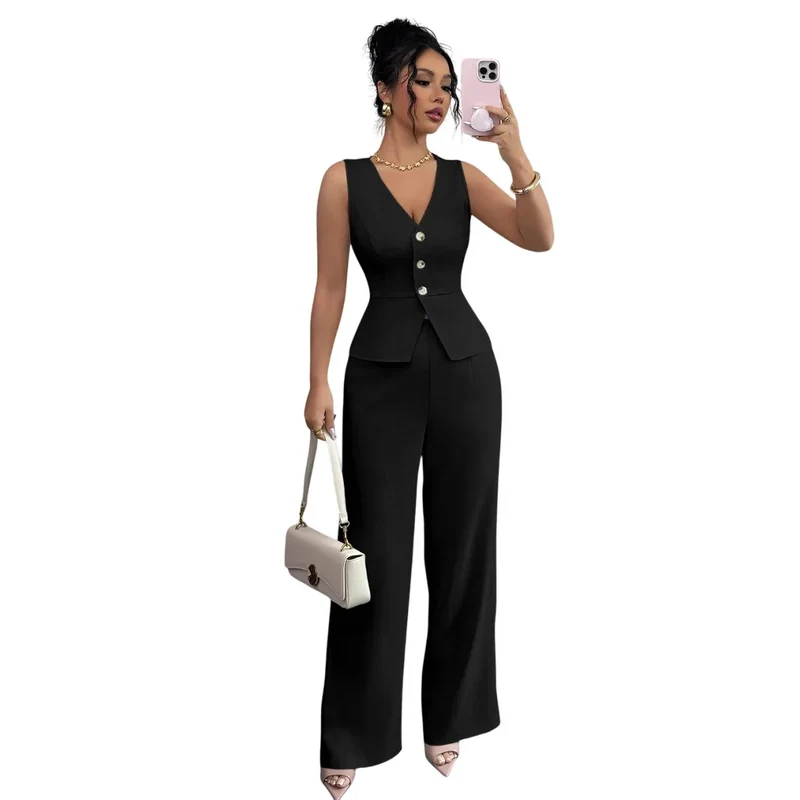 Ensemble Estival Chic – Veste Sans Manches et Pantalon Taille Haute