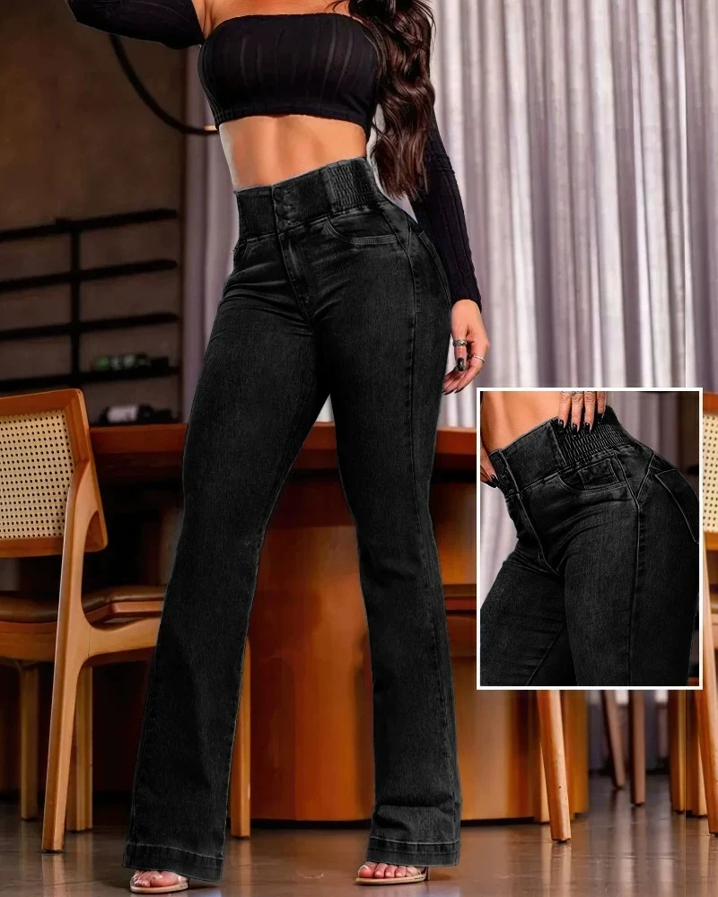 Jean Taille Haute "Allure" – Coupe Flare avec Détail Boutonné