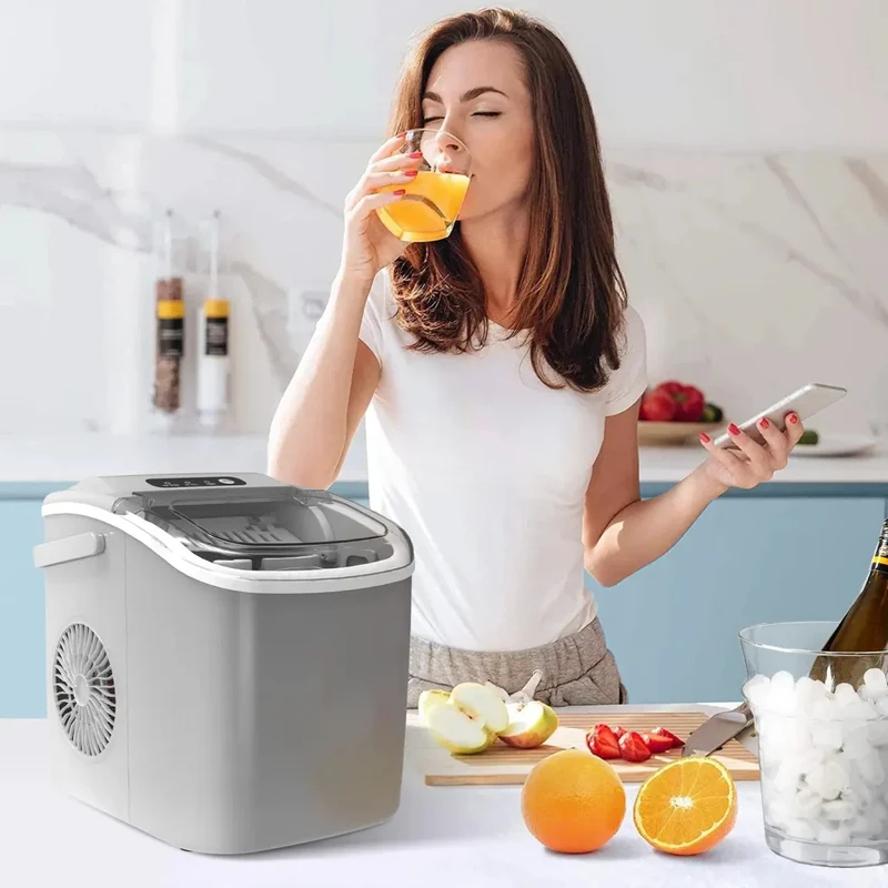 Crzoe Countertop Ice Maker Machine with Handle, 9 Bullet-Shaped Ice Cubes Ready in 6 Mins, 26Lbs/24H, Self-Cleaning Function with Ice Scoop and Basket for Home/Kitchen/Party (Grey)