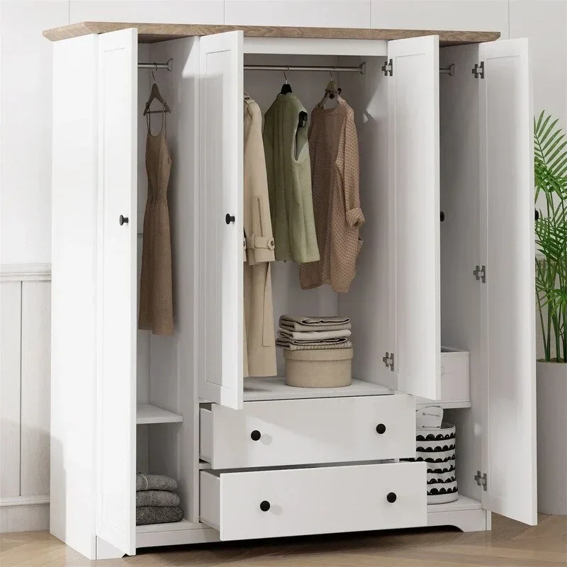 Wooden 4-Door Armoire Closet with 2 Drawers, Hanging Rods, and Shelves – Stylish Bedroom Wardrobe Organizer