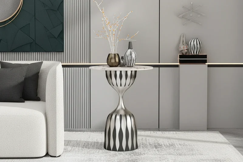 Modern Marble Top Side Table, Sculptural Pedestal Accent Table, Luxury Black White End Table for Living Room Bedroom in stock