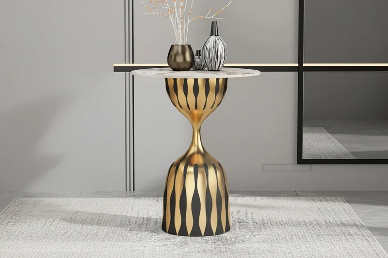 Modern Marble Top Side Table, Sculptural Pedestal Accent Table, Luxury Black Gold End Table for Living Room Bedroom